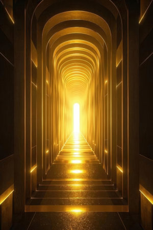 Golden tunnel with light, 3d rendering. Computer digital drawing.の素材