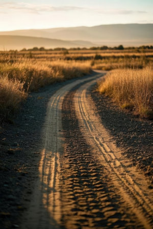 Dirt road in the prairie at sunset, South Dakota.の素材
