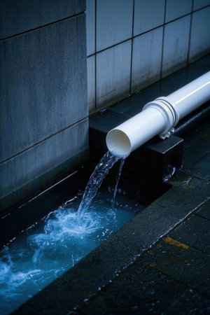 Water flowing from a drainpipe to the street in Tokyo, Japan.の素材
