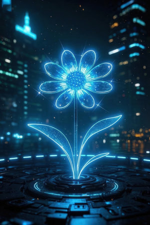 3d rendering of artificial flower hologram over city night background.の素材