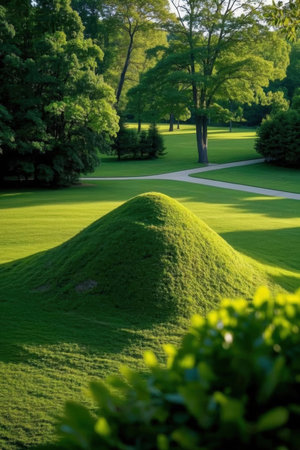 Beautiful green lawn with trees in the park at sunset time.の素材