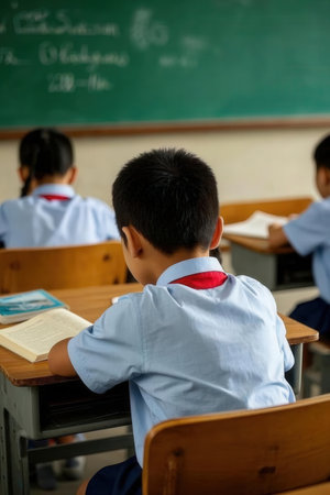 Back view of asian elementary school boy looking at camera in classroomの素材