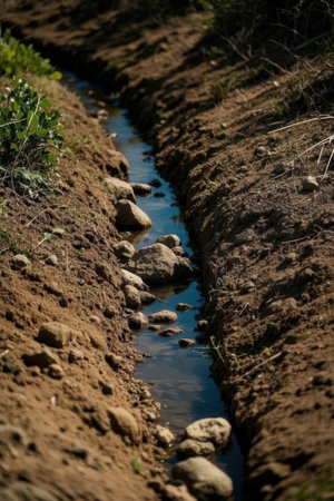 Small stream of water flowing through a trench in a rural area.の素材