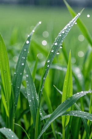 Green grass with drops of dew in the morning. Nature backgroundの素材