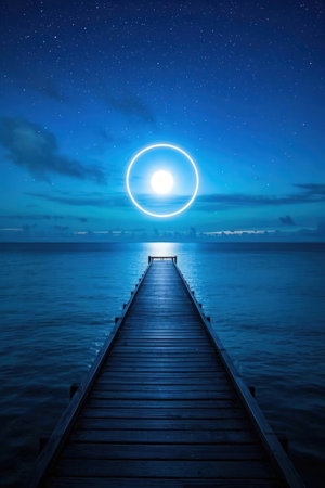 Wooden pier in the sea with full moon and starry skyの素材