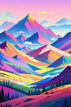 Mountain landscape with colorful mountains. Digital art painting. Vector illustration.の素材