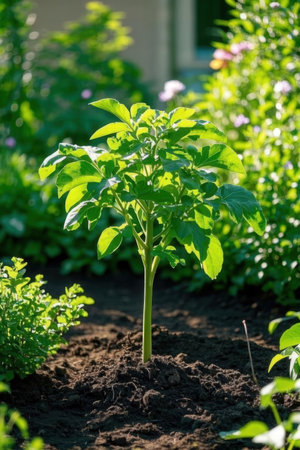 Potato seedlings in the garden. Growing vegetables in the garden.の素材