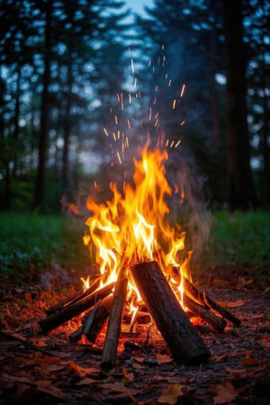 Bonfire in the forest at night. Fire in the forest.の素材