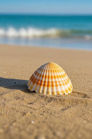 Seashell on a sandy beach with the sea in the backgroundの素材