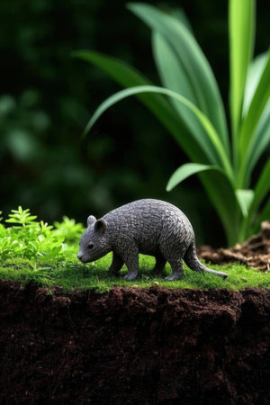 Cute little gray bear standing on the ground in the garden.の素材