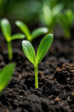 Green seedling illustrating concept of new life and natural growing - selective focusの素材