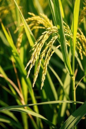 Ear of rice in the field. Close up of golden rice.の素材