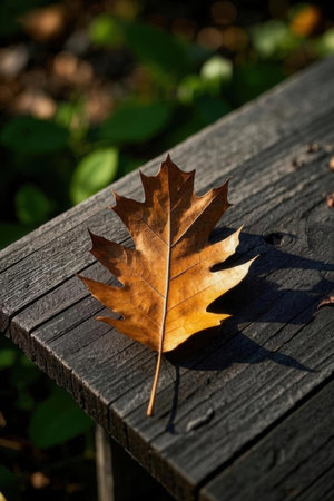 Autumn leaf on a wooden bench in the park. Autumn backgroundの素材