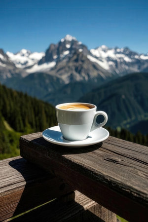 Cup of coffee on a wooden table with mountains in the backgroundの素材