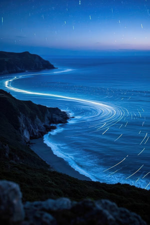 Fantastic view of the sea at night. Dramatic sky with star trailsの素材