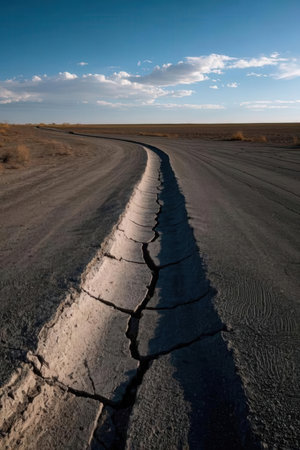 Dry cracked asphalt road in the steppe on a sunny dayの素材