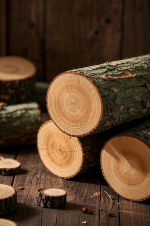 Pile of firewood on a wooden table. Selective focus.の素材