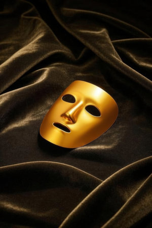 Golden mask on black satin background with copy space for your textの素材