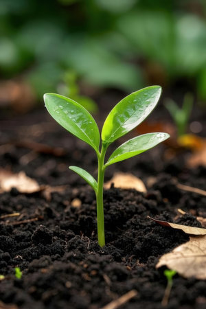 Green seedling illustrating concept of new life and nature growing from seedの素材