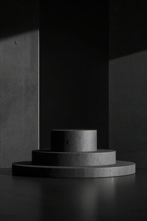 3d render of black podium in dark room with shadow on the wallの素材