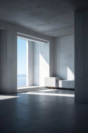 Interior of modern office with white walls, concrete floor, panoramic window and white bench. 3d renderingの素材