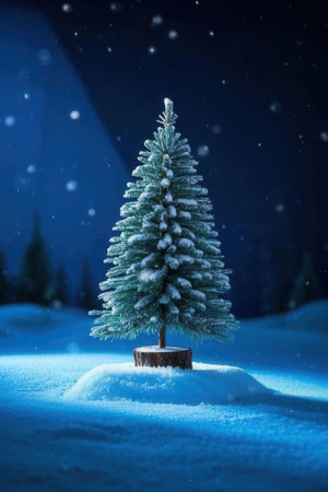 Small christmas tree on snow in winter forest at night. Christmas backgroundの素材