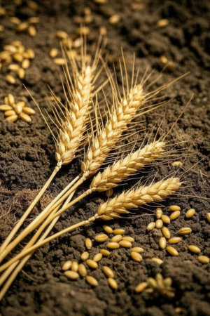 Wheat ears on the background of soil. Selective focus.の素材