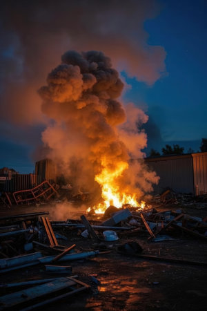 Flames from a burning building in the city at night. Burned buildings.の素材