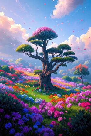 Beautiful fantasy landscape with a tree and flowers. Digital painting.の素材
