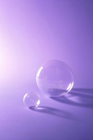 Transparent soap bubbles on a purple background. Place for your text.の素材
