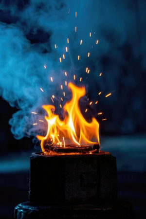 Burning torch on a dark background. Fire in the dark.の素材