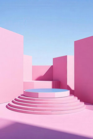 Abstract scene with pink stairs and blue sky background. 3d renderの素材