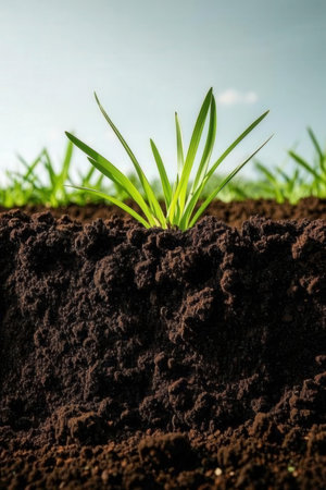 Close up of young green grass growing in soil on blue sky backgroundの素材