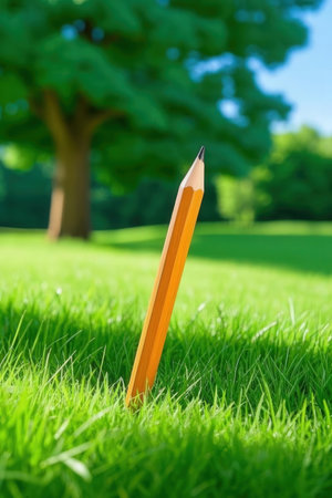 Pencil on green grass with tree in the background, shallow depth of fieldの素材