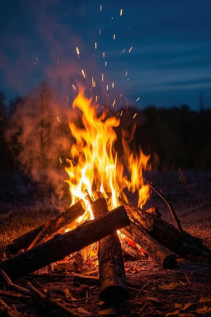 Bonfire in the forest at night. Fire in the forest.の素材
