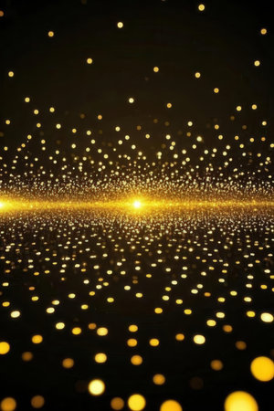 golden glitter particles bokeh defocused lights abstract background.の素材