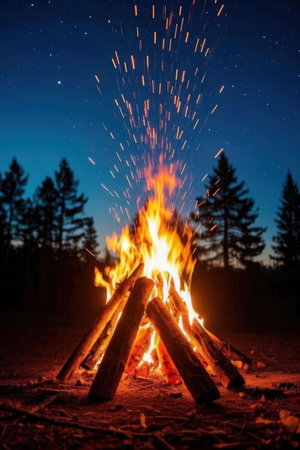 Bonfire in the forest at night. Camping in the woods at night.の素材