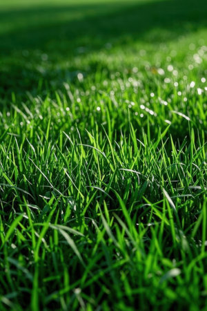 Green grass with dew drops close-up. Natural background.の素材