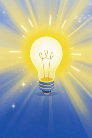 Light bulb with rays of light on a blue background. Vector illustration.の素材