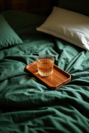 Glass of whiskey on a wooden tray on the bed in the bedroomの素材