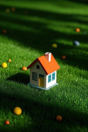 Miniature house on green grass with easter eggs in the backgroundの素材