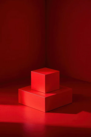 Red podium on red background. Minimal scene. 3d renderの素材