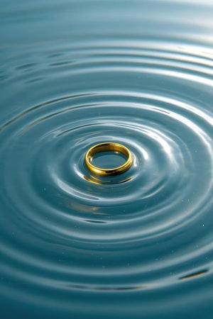 Wedding rings on the surface of the rippled waterの素材