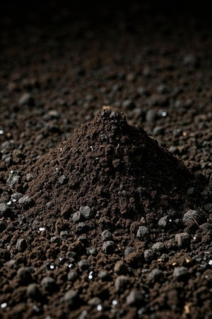 Close-up of a pile of soil on a black background.の素材