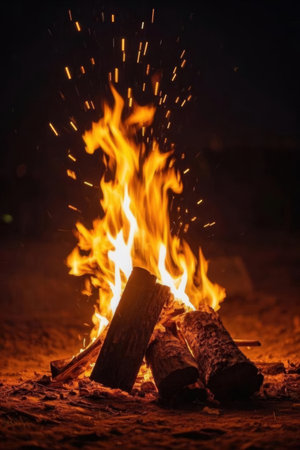 Burning firewood in a campfire at night. Selective focus.の素材
