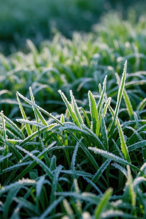 Frost on the grass in the early morning. Shallow depth of fieldの素材