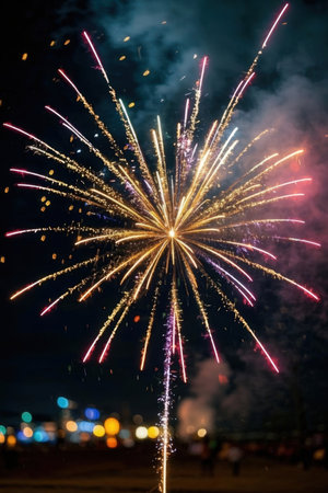 Colorful fireworks on the black sky background with bokeh.の素材