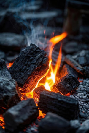 Close up of coals burning in a campfire. Selective focusの素材