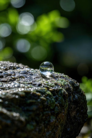 Water drop on rock with green bokeh background, nature conceptの素材