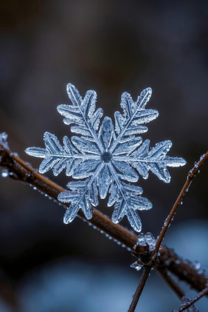 Frozen snowflakes on a branch in the winter forest.の素材